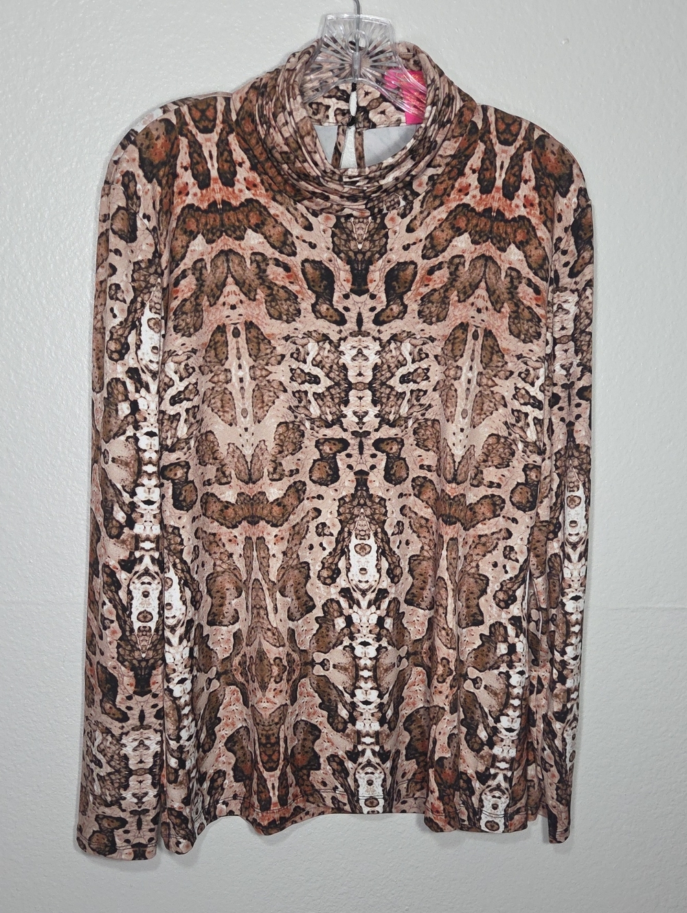 Catherine Malandrino Brown and Cream Abstract Print Long Sleeve Mock Neck Top